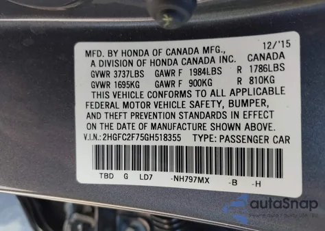 2016 Honda Civic Ex z USA, uszkodzony, nr VIN 2HGFC2F75GH518355